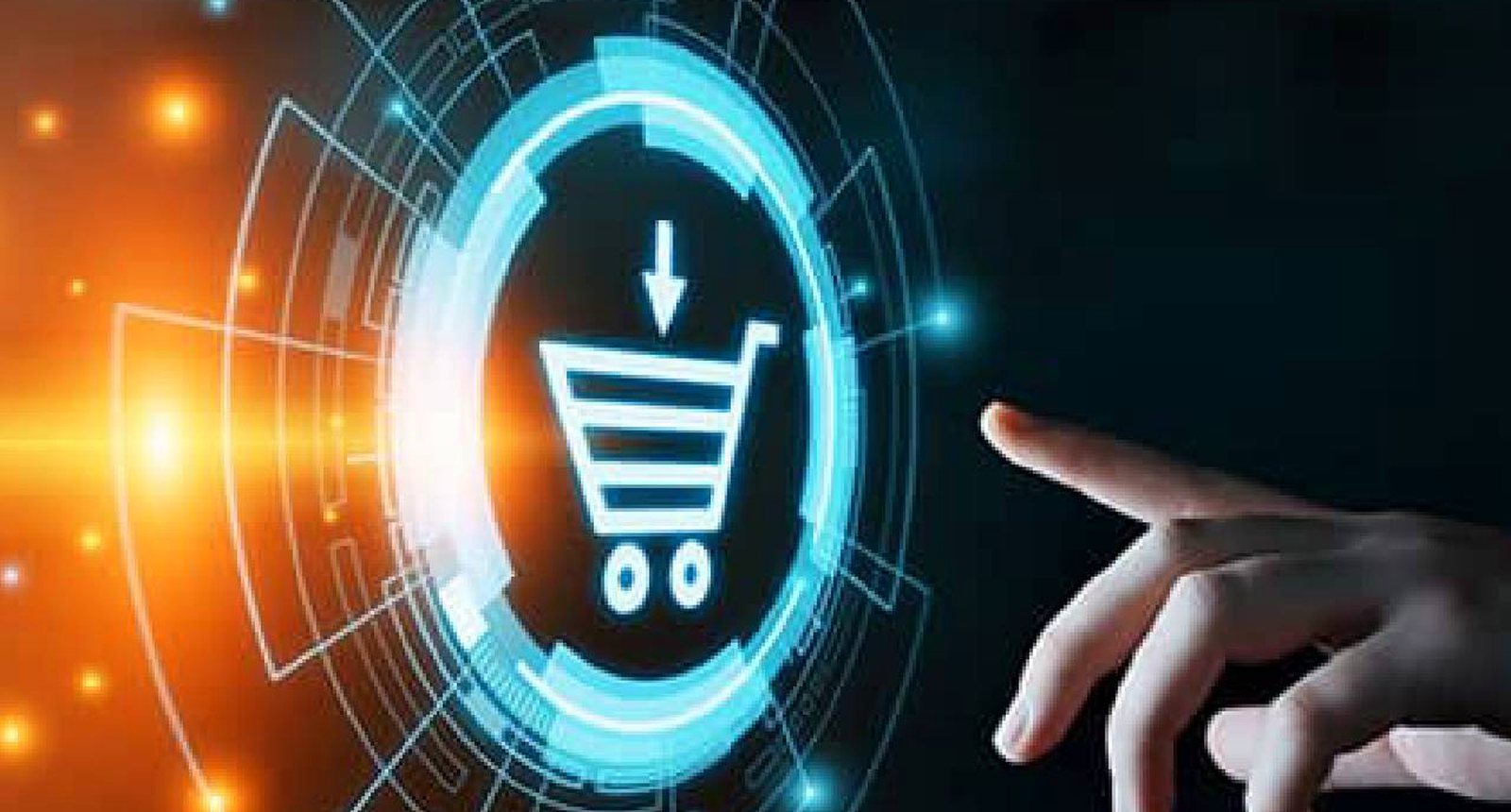 Glowing shopping cart icon on a digital screen